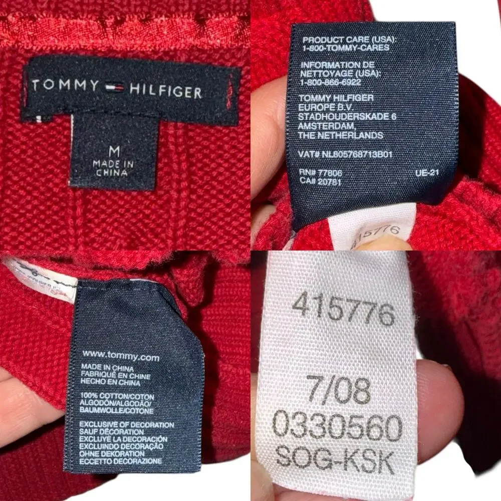 Vintage Tommy Hilfiger Womens Red V Neck Cable Knit Cotton Sweater Preppy MED - Picture 7 of 7